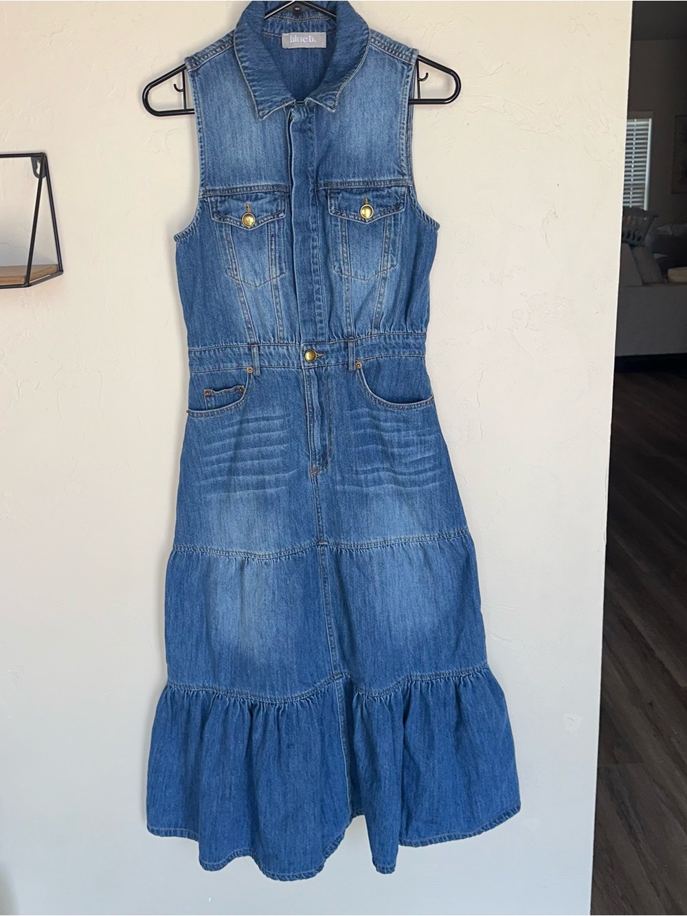 Blue Bird Denim Sleeveless Tiered Maxi Dress in Medium Blue